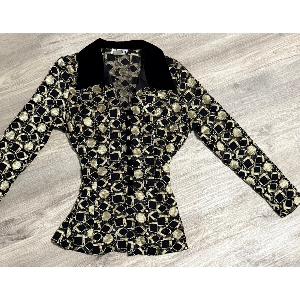 Vintage‎ Sally made in USA sheer black and gold tie back blouse size medium